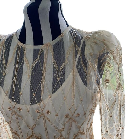 Vtg Cachet By Bari Protas Champagne Ivory Lace Maxi Dress 5 6 Victorian Wedding - Picture 9 of 15